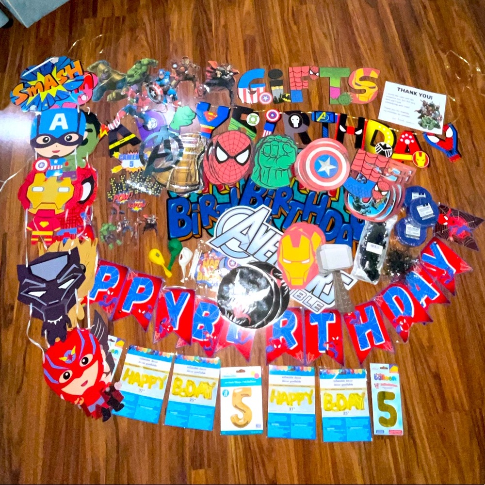 Huge Marvel Avengers birthday party decorations